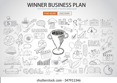 Concepto de Plan de negocios ganador con estilo de diseño Doodle: encontrar solución, lluvia de ideas, pensamiento creativo. Ilustración moderna para banners web, folletos y volantes.