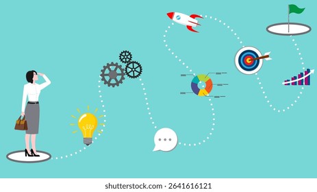 winning business plan, strategy step to achieve business goal, flowchart to succeed concept, project management on career journey, business woman walk on winning business plan journey