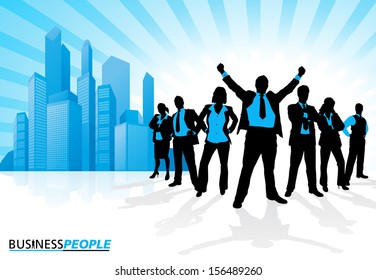 Winning Business Team against City Skyline. Vector illustration of a group of Male and Female Business People in Winning Dynamic Poses depicted as silhouettes against a City Skyline.