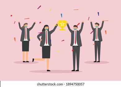 Winning business team during pandemic 2D flat vector concept for banner, website, illustration, landing page, flyer, etc