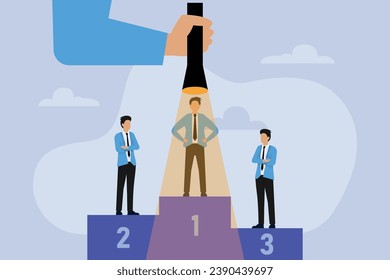 Winning businessman being flash lighted by big hand from top 2d flat vector illustration