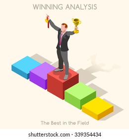 Winning Businessman on big data pedestal. Goal Achieved Collection Element of People Isometric 3D Flat Vector Illustration Exulting Winner Business man over a Statistic Report. Statistic Leader.