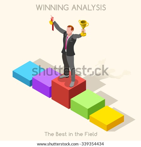 Winning Businessman on big data pedestal. Goal Achieved Collection Element of People Isometric 3D Flat Vector Illustration Exulting Winner Business man over a Statistic Report. Statistic Leader.