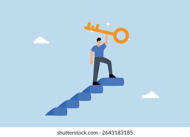 winning businessman walks to top of stairs, raising golden success key to sky.