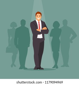 Winning candidate standing in front of a group of people. Vector illustration