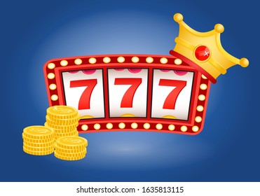 Winning in casino, roulette icon with 777 jackpot, prize coins and crown. Signboard of lottery and golden currency, gambling entertainment vector