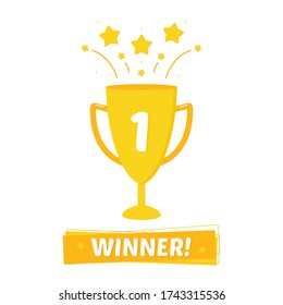 Winning celebration cartoon style illustration with golden trophy cup and stars. Lottery, sport event, game winner concept.

