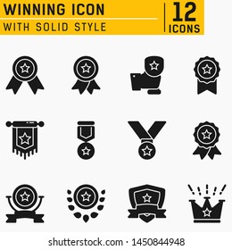 The winning and competition icon set with solid style on isolated soft gray background. Ranking icon set contains such icons as star rating, star, medal, award, trophy, shield, ribbon, crown and other