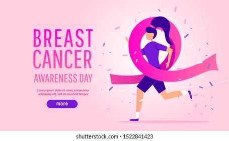 Winning concept of breast cancer awareness month. Young girl runs in a charity marathon with a pink ribbon on a gradient background. Template landing page.