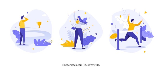 Winning concept flat vector illustrations set. Success achievement and goal reaching. Victory in competition cartoon compositions for web design. Creative idea for website, mobile, presentation