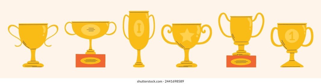 Winning cup, gold prize, award, champion trophy cup, first place vector hand drawn flat trendy illustration in cartoon groovy funky style. Victory, competition, championship design elements