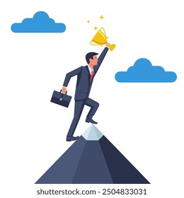 Winning cup in hand human.  Symbol of success, winning and perseverance. Achieve goal. Gold trophy. Motivation for success. Concept of successful people. Vector illustration flat design.