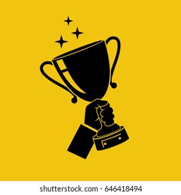 Winning cup in hand icon. Symbol of success silhouette. Pictogram winning, championship. Gold trophy. Vector illustration flat design. Isolated on yellow background.