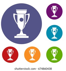 Winning cup icons set in flat circle reb, blue and green color for web