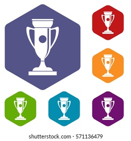Winning cup icons set rhombus in different colors isolated on white background