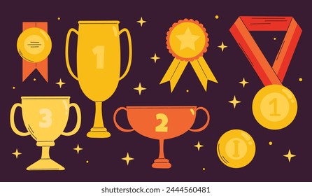 Winning cup, medal, gold prize, ribbon, award, champion trophy cup, first place vector hand drawn flat trendy illustration in cartoon groovy funky style. Victory, competition design elements
