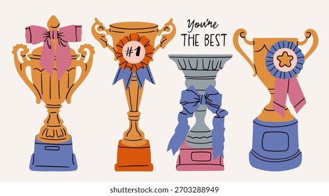 Conjunto de copa ganadora. Oro, plata, premios de bronce, medallas de premios de cinta. Trofeo, ganador, ceremonia, campeón, logro, victoria, concepto de éxito. Ilustración vectorial dibujada a mano. Elementos de diseño aislados 