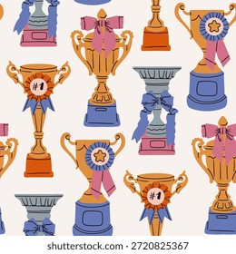 Conjunto de copa ganadora. Oro, plata, premios de bronce, medallas de premios de cinta. Trofeo, ganador, ceremonia, campeón, logro, victoria, concepto de éxito. Ilustración vectorial dibujada a mano. Patrón cuadrado sin fisuras