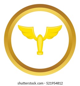 Winning cup with wings vector icon in golden circle, cartoon style isolated on white background