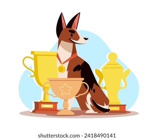 Winning dog with medal and cups. Animal competition. Competition reward. Purebred pet. Friendly happy character, gold trophy, first place. Cartoon flat style isolated vector concept