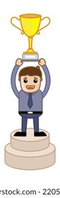 Winning Employee on Podium Holding a Victory Golden Cup in Hands Vector
