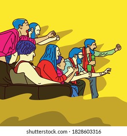 To winning. Excited people watching sport match, championship at home. Multiethnic group of friend, fans cheering for favourite national basketball, tennis, soccer, hockey team. Concept of emotions.