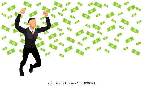 winning expression. celebrating a businessman gets a rain of dollars. vector file