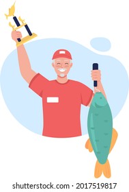 Winning fishing tournament 2D vector isolated illustration. Happy amateur fisherman with huge carp flat character on cartoon background. Summertime activity. Catching massive fish colourful scene