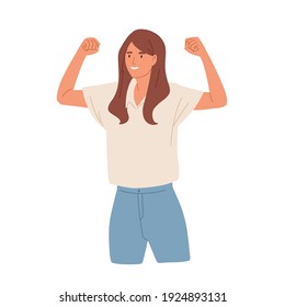 Winning gesture of happy confident woman expressing positive emotion. Successful smiling female character showing strength with fists up. Colored flat vector illustration isolated on white background