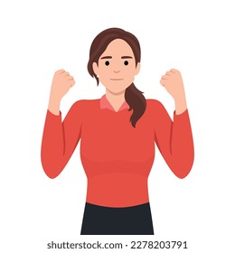 Winning gesture of happy confident woman expressing positive emotion. Successful smiling female character showing strength with fists up. Flat vector illustration isolated on white background