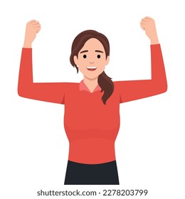 Winning gesture of happy confident woman expressing positive emotion. Successful smiling female character showing strength with fists up. Flat vector illustration isolated on white background