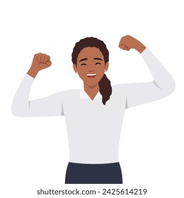 Winning gesture of happy confident woman expressing positive emotion. Successful smiling female character showing strength with fists up. Flat vector illustration isolated on white background