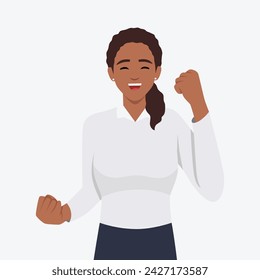 Winning gesture of happy confident woman expressing positive emotion. Successful smiling female character showing strength with fists up. Flat vector illustration isolated on white background