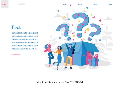 Winning gifts lottery. Happy small characters jumping.  Vector illustration for web banner, infographics, mobile Open blue box with question signs and confetti explosion inside. 