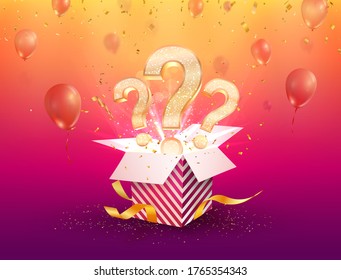 Winning gifts lottery vector illustration. Open textured box with question marks and confetti explosion off and on bright background. 