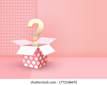 Winning gifts lottery vector illustration. Gift drawing. Open textured box with golden question mark on cream pink background.