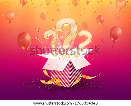 Winning gifts lottery vector illustration. Open textured box with question marks and confetti explosion off and on bright background. 