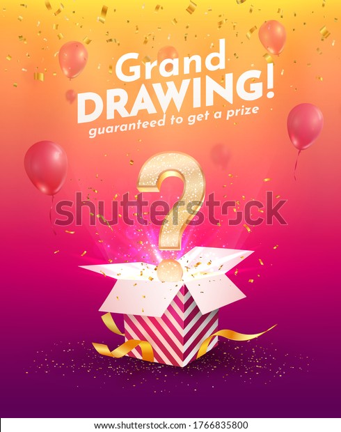 Winning gifts lottery vector illustration.\
Grand drawing. Open textured box with golden question mark and\
confetti explosion off and on bright background.\

