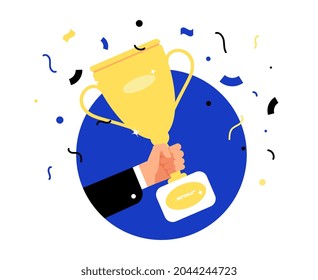 Winning Gold Cup. Businessman Hold Prize, Award Emblem. Win Or Victory, Abstract Hand With Trophy Vector Label