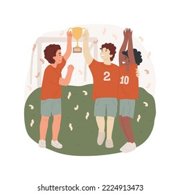 Winning a golden cup isolated cartoon vector illustration. Happy children holding a cup over head, winning golden bowl, celebrating tournament victory, school sport competition vector cartoon.