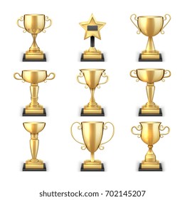 Winning golden trophy cups and sports awards vector collection isolated on white background. Cup golden achievement, victory and prize sport illustration