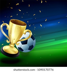 winning golden trophy with football background