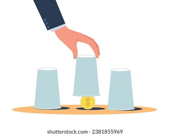 Winning guessing game, hand raises glass with money underneath. Investor predict successful, coin profit. Cartoon flat isolated illustration. Vector gambling risk, chance and fortune concept