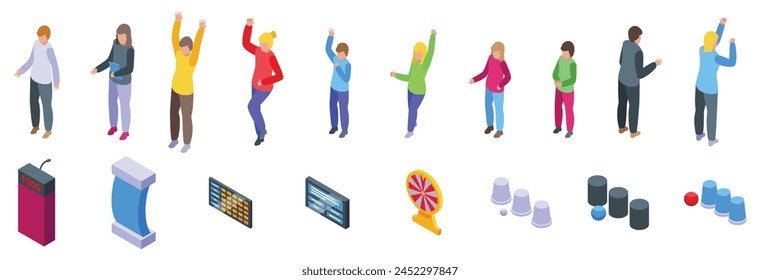 Winning guessing game icons set isometric vector. Show player. Stand button