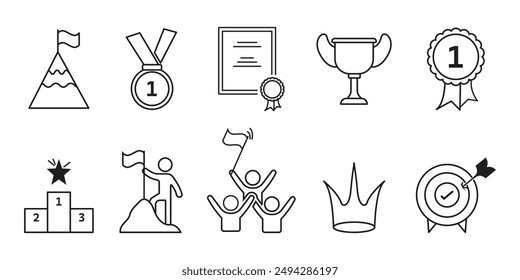 Winning icon set in outline. Trophy cup, Medal, Winner prize icon. Trophy symbol. Victory logo. Set with award, award with number 1, one, trophy cup,