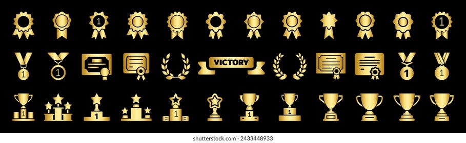 Winning icon set. Trophy cup, Medal, Winner prize icon. Trophy symbol. Victory logo.	
