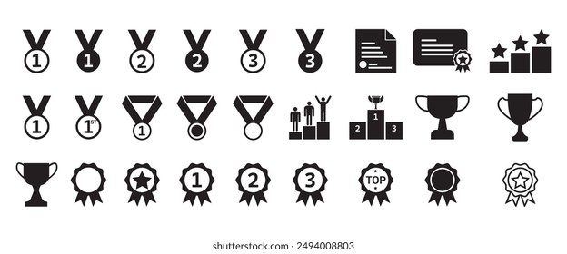 Winning icon set. Trophy cup, Medal, Winner prize icon. Trophy symbol. Victory logo. Set with award, award with number 1, one, trophy cup,