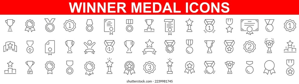 Winning icon set. Winers icon collection. Set of Winner medal. Trophy cup, Medal, Winner prize icon. Champion win trophy and medal with 1st sign. Vector illustration.