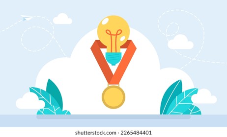 A winning idea. Success. Gold medal for the best idea. The highest award for creative thinking. Golden medal on a red ribbon. Light bulb as a symbol of thought. Successful concept. Vector illustration