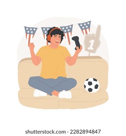 Winning isolated cartoon vector illustration. Teenage boy playing video games with joystick and headphones, home entertainment, having sport flags around, winning celebration vector cartoon.